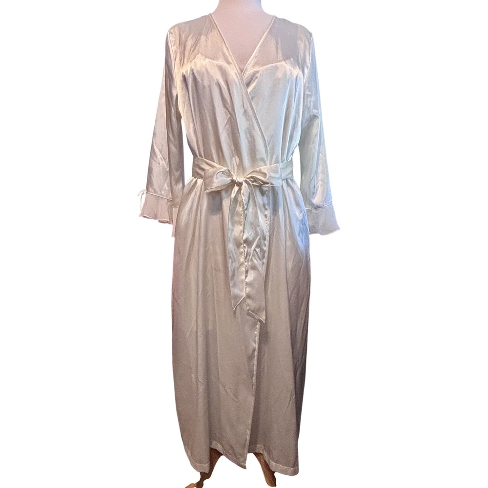Morgan Taylor Satin Robe and Gown Set‎ WomensMedium Ivory Excellent Ruffle Trim